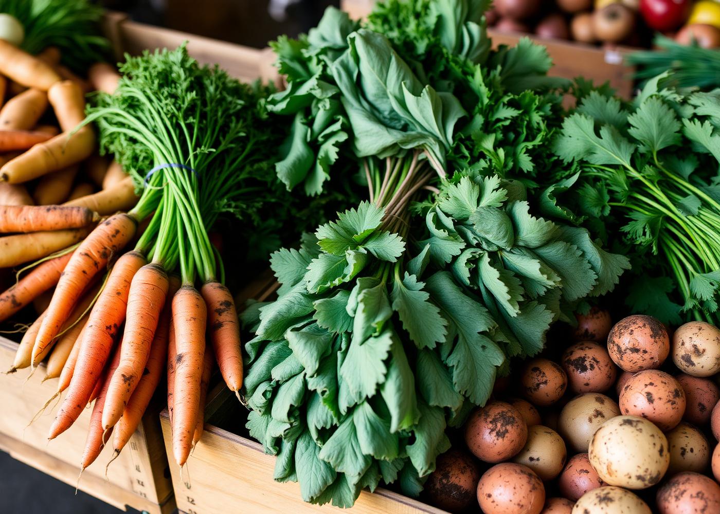 Freshly picked vegetables in wooden crates